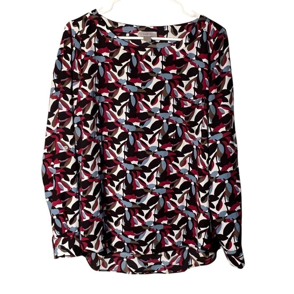 Loft Women's Size Small‎ Long Sleeve Blouse Chest Pocket Black White Blue Floral